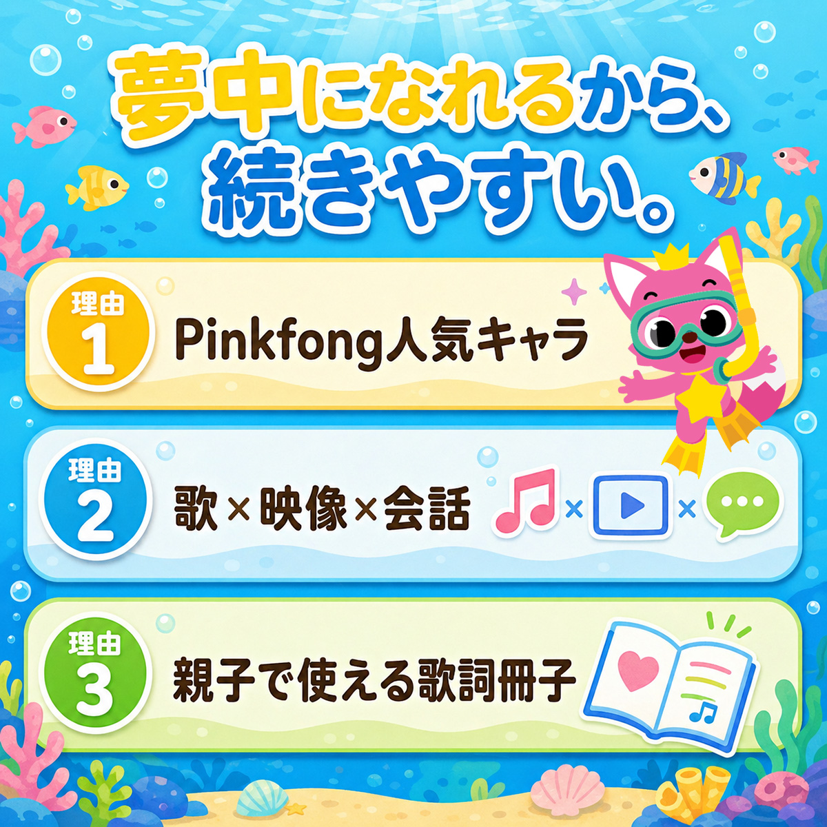 夢中になれるから、続きやすい。理由1：Pinkfong人気キャラ 理由2：歌×映像×会話 理由3：親子で使える歌詞冊子